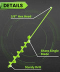 Heavy Duty Garden Auger Drill Bit For Planting Two Inch By Thirty Two Inch Spiral Bulb Planter Tool With Three Eighths Inch Hex Drive Back Saving Digging Tool For Lawn And Garden with labeled 3/8" hex head, sharp blade, sturdy drill.