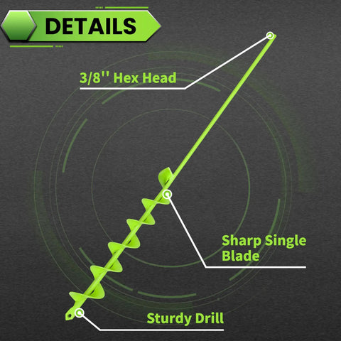 Heavy Duty Garden Auger Drill Bit For Planting Two Inch By Thirty Two Inch Spiral Bulb Planter Tool With Three Eighths Inch Hex Drive Back Saving Digging Tool For Lawn And Garden with labeled 3/8" hex head, sharp blade, sturdy drill.