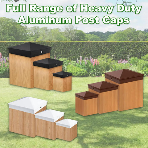 Full range of Rock Solid 4x4 Aluminum Post Caps Matte Black Pyramid Fence Covers in various sizes displayed outdoors.