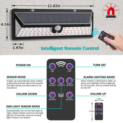 Outdoor Solar Motion Sensor Lights With Remote Control Four Modes Sensing Dim Alarm And Off IP65 Waterproof LED Wall Lights For Garden Patio And Yard No Wiring Needed Easy Setup For Bright Nighttime Security