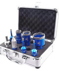 Dope Diamond Core Drill Bit Set For Porcelain Tile Ceramic Marble Granite Drilling With Diamond Drill Bits 6/6/8/25/35/50mm And Diamond Chamfer Finger Bits 0-4/5 Inch 5/8-11 Thread Grit 50/60 Adapter Included in a metal case