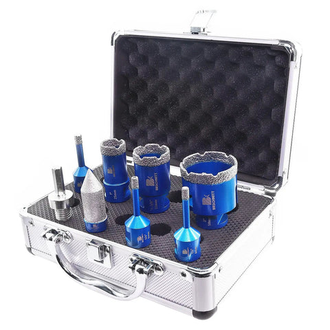Dope Diamond Core Drill Bit Set For Porcelain Tile Ceramic Marble Granite Drilling With Diamond Drill Bits 6/6/8/25/35/50mm And Diamond Chamfer Finger Bits 0-4/5 Inch 5/8-11 Thread Grit 50/60 Adapter Included in a metal case