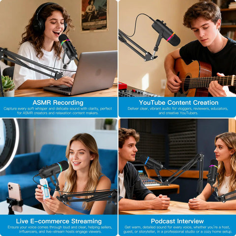 Four scenarios using Beast Podcast Microphone For PC, Mac, And iPhone With USB Studio Sound, Noise Cancellation, RGB Lighting
