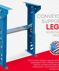 Heavy Duty Adjustable Conveyor Support Legs Two Pack Heights Lock From Twenty Six To Thirty Two Inches, blue steel frame.