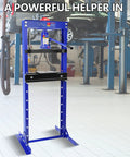12 Ton Shop Press With H Frame For Garage Or Shop Use in blue, upright position, visible in automotive garage setting