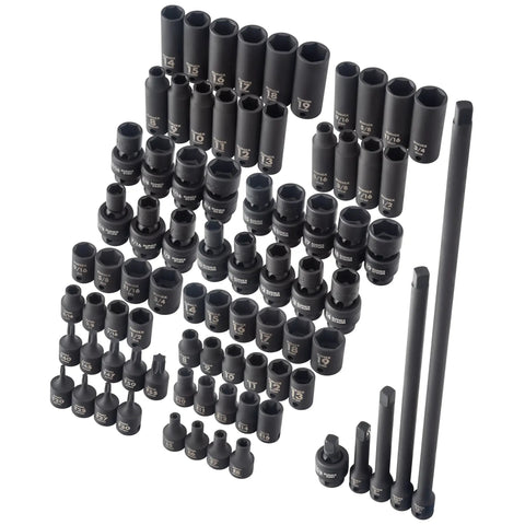 80 Piece 3/8 Inch Drive Master Impact Socket Set With Universal, Star And External Star Sockets, Extensions, SAE And Metric, CR-MO Steel