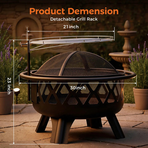 30 Inch Outdoor Fire Pit With Spark Screen And Grill, Portable Wood Burning Patio Heater displayed with dimensions