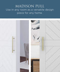 Interior Sliding Barn Door Hardware Madison Pull 12 Inch Brushed Gold Finish for Wood Interior Doors, installed on a door