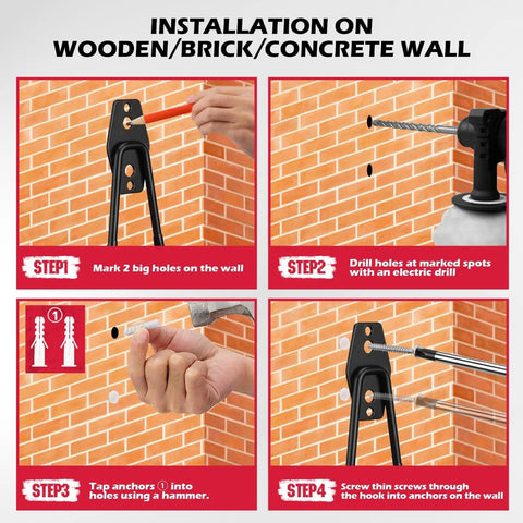 Installation guide for Twenty Pack Heavy Duty Garage Storage Hooks With Extension Cord Organizer on various wall types.