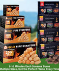 Boxes of 64 Mini Square Natural Pine Fire Starters For BBQ And Campfire arranged with other fire starter packs outdoors