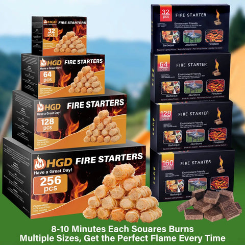 Boxes of 64 Mini Square Natural Pine Fire Starters For BBQ And Campfire arranged with other fire starter packs outdoors