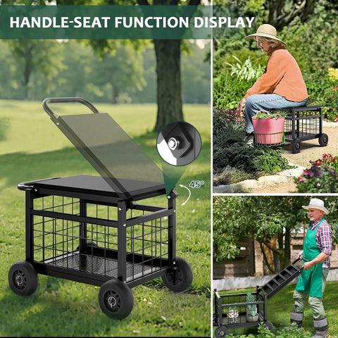 All-In-One Rolling Garden Stool With Wheels, Heavy Duty Outdoor Cart for Yard and Patio, metal garden carrier in use outdoors