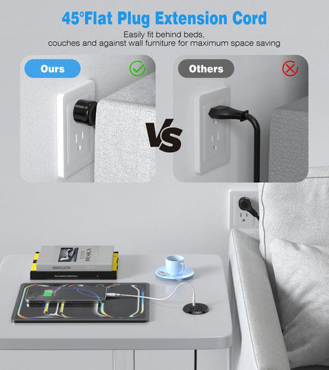 Comparison of 45° flat plug extension cord, showcasing space-saving design for a clean workspace setup.