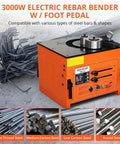 Heavy Duty 3000W Electric Rebar Bender That Slams Out Tight 180 Degree Rolls On One Piece Steel Rods Up To 1.3 Inches Fast With Foot Pedal For Construction Sites, showing rebar bender with various steel types.