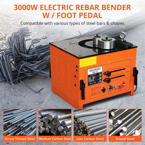 Heavy Duty 3000W Electric Rebar Bender That Slams Out Tight 180 Degree Rolls On One Piece Steel Rods Up To 1.3 Inches Fast With Foot Pedal For Construction Sites, showing rebar bender with various steel types.