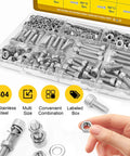 Close-up of 172 Piece M6 Screws And Nuts Kit With Hex Socket Bolts In 8 10 12 16 20 25 30 35Mm 304 Stainless Steel in box