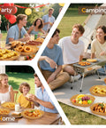 Collage of gatherings featuring food at a home dinner, outdoor camping meals, and a party, showcasing shared moments around food.