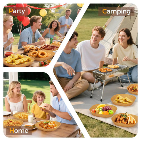 Collage of gatherings featuring food at a home dinner, outdoor camping meals, and a party, showcasing shared moments around food.