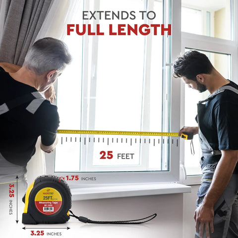 Two men using a Retractable Tape Measure Twenty Five Feet With One Thirty Second Inch And One Millimeter Precision Built Tough Heavy Duty Twenty Five Millimeter Wide Blade Thick Rubber Grip Smooth Sliding Tape Easy Read Yellow Case For Builders And DIY to measure a window frame.