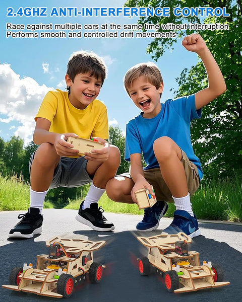 Kids playing with STEM Kits For Kids 8 To 12 Remote Control Car Build Kit With Wooden 3D Puzzles