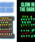 Tungsten Ice Jigs 6mm Variety Pack 10pcs with UV glow, tear drop shape, vibrant colors, and glow in the dark feature displayed.