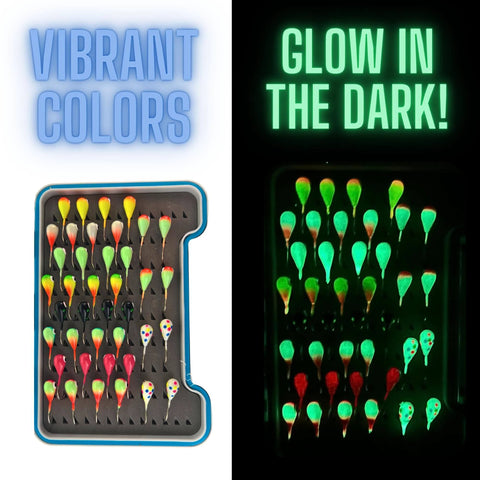 Tungsten Ice Jigs 6mm Variety Pack 10pcs with UV glow, tear drop shape, vibrant colors, and glow in the dark feature displayed.