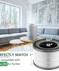 2 Pack Vista 200 Replacement Filter For Vista 200 Air Purifier shown in living room, size 6.4 x 4.2 inches, next to air purifier.