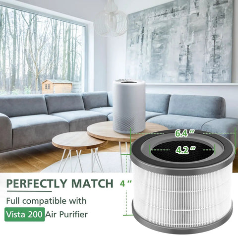 2 Pack Vista 200 Replacement Filter For Vista 200 Air Purifier shown in living room, size 6.4 x 4.2 inches, next to air purifier.