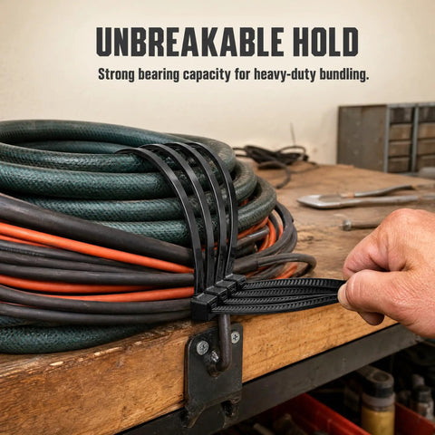 Heavy Duty Self Locking Nylon Cable Ties In Black securing bundled cables on a workbench for effective cable management.
