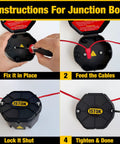 Open Splice Junction Box 6 Pack Kit With 18 Twist On Wire Connectors Pro Grade DIY Electrical Box For Wiring Flame Retardant PP Plus ABS V0 Home Garage Workshop Screws Included with setup instructions.