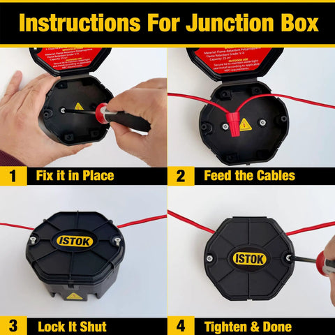 Open Splice Junction Box 6 Pack Kit With 18 Twist On Wire Connectors Pro Grade DIY Electrical Box For Wiring Flame Retardant PP Plus ABS V0 Home Garage Workshop Screws Included with setup instructions.