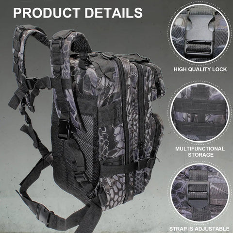 Lightweight Fishing Tackle Backpack with Water Resistant Build All In One Rod Holder And Gear Storage For Outdoor Anglers Ultra Capacity With Multiple Pockets And Front MOLLE System For Easy Access, side view, showing high quality lock, strap adjustability, and multifunctional storage