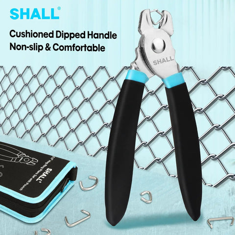 Pro Grade Hog Ring Pliers Kit With 600 Galvanized Rings in 3/8, 1/2, and 3/4 Inch for upholstery, fencing, pet cages, showing pliers and rings.