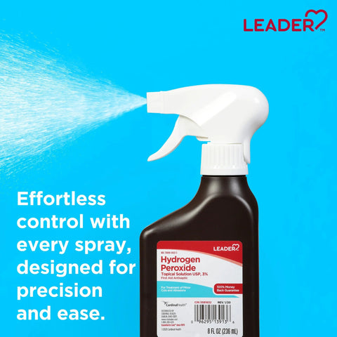 Hydrogen peroxide spray bottle, 8 oz, LEADER brand, dark plastic with white spray nozzle
