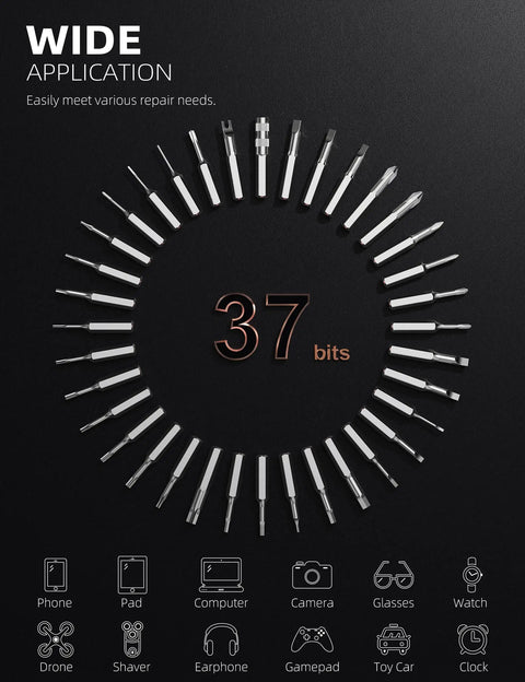 37 magnetic bits from the Mini Electric Screwdriver Kit With LED Light 42 In 1 Cordless Precision Set arranged in a circle