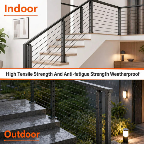 Kickass 20 Piece Hella Durable 1/8 Inch Black T316 Stainless Steel Invisible Cable Railing Kit With Tight Hidden Brackets for indoor and outdoor use.