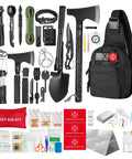 All In One Emergency Survival Kit With 360 Pcs Bug Out Bag First Aid Gear Camping Axe Survival Shovel And Tools For Camping And Hiking Ready Kit For Disaster Prep And Outdoor Adventures laid out.