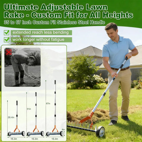 Wheel Equipped Adjustable Thatch Rake With No Backache Dethatching On Lawns, 38 To 65 Inch Handle, 21 And 11 Dual-Sided Steel Tines