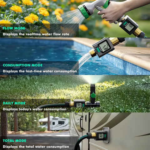 Smart Water Flow Meter With Backlit Screen And Brass Inlet And Outlet showing flow modes for garden sprinkling, pool, and RV use
