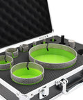 Diamond Tile Hole Saw Kit With 8 Diamond Core Bits Finger Bit Chamfer Bit Adapter And Tile Blade For Porcelain Ceramic Marble Brick Granite Drilling In 6 8 10 25 35 50 75 127 mm displayed in a black carrying case.