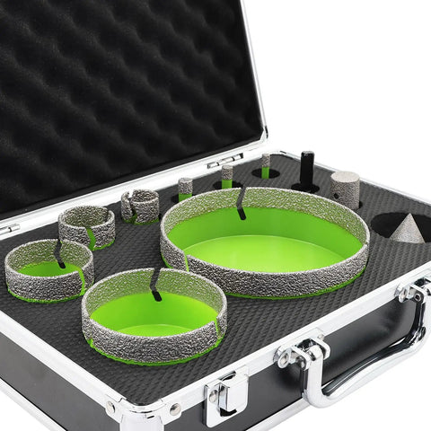 Diamond Tile Hole Saw Kit With 8 Diamond Core Bits Finger Bit Chamfer Bit Adapter And Tile Blade For Porcelain Ceramic Marble Brick Granite Drilling In 6 8 10 25 35 50 75 127 mm displayed in a black carrying case.