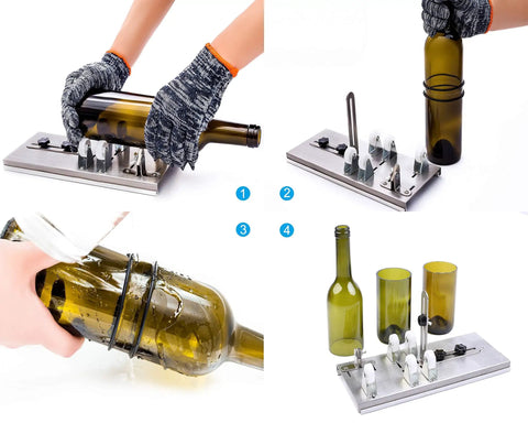 Glass Bottle Cutter Upgraded Tool Kit for cutting wine, beer bottles with 5 support wheels, diamond carbide blades, stainless steel base.