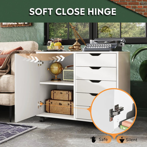 Five Drawer Wood Storage Cabinet with Wheels and Adjustable Shelf used as a printer stand in a home office, open door view.