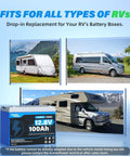 Image showing 12V 100Ah LiFePO4 Battery with 100A BMS and 15000 cycles, displayed with various RVs in scenic backgrounds.