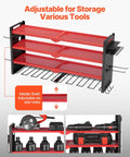 Power Tool Organizer Wall Mount 4 Layer Storage Rack with 8 drill holders, shown with adjustable middle shelf and side pegboards.