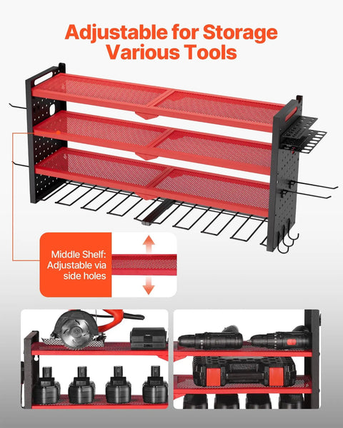 Power Tool Organizer Wall Mount 4 Layer Storage Rack with 8 drill holders, shown with adjustable middle shelf and side pegboards.