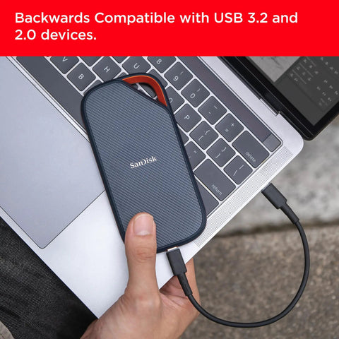 4TB Extreme Pro Portable SSD With USB4 Speeds Up To 3800 MBps Read And 3700 MBps Write held over a laptop keyboard