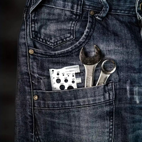 Sturdy Stainless Steel Screw Measuring Ruler With Precision Thread And Distance Gauge For Screws Bolts And Nuts, Durable Rust Resistant Thickened Forged Design For Easy Read, Quick Fits, And Accurate Sizing in denim pocket with wrenches