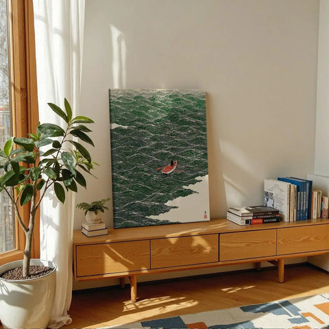 Japanese Style Ocean Rowing Wall Art For Bedroom And Living Room, Retro Green Wave Canvas Print With Coastal Beach Vibe, Wrapped 16x20 Inch Gallery Canvas, Dope Home Decor For Any Space on wooden console beside books and plant