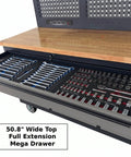 Heavy Duty Rolling Tool Chest Featuring 14 Lockable Drawers And Three Secure Cabinets Built For Serious Garage Organization And No Nonsense Shop Stash, showing a full extension mega drawer with tools organized.